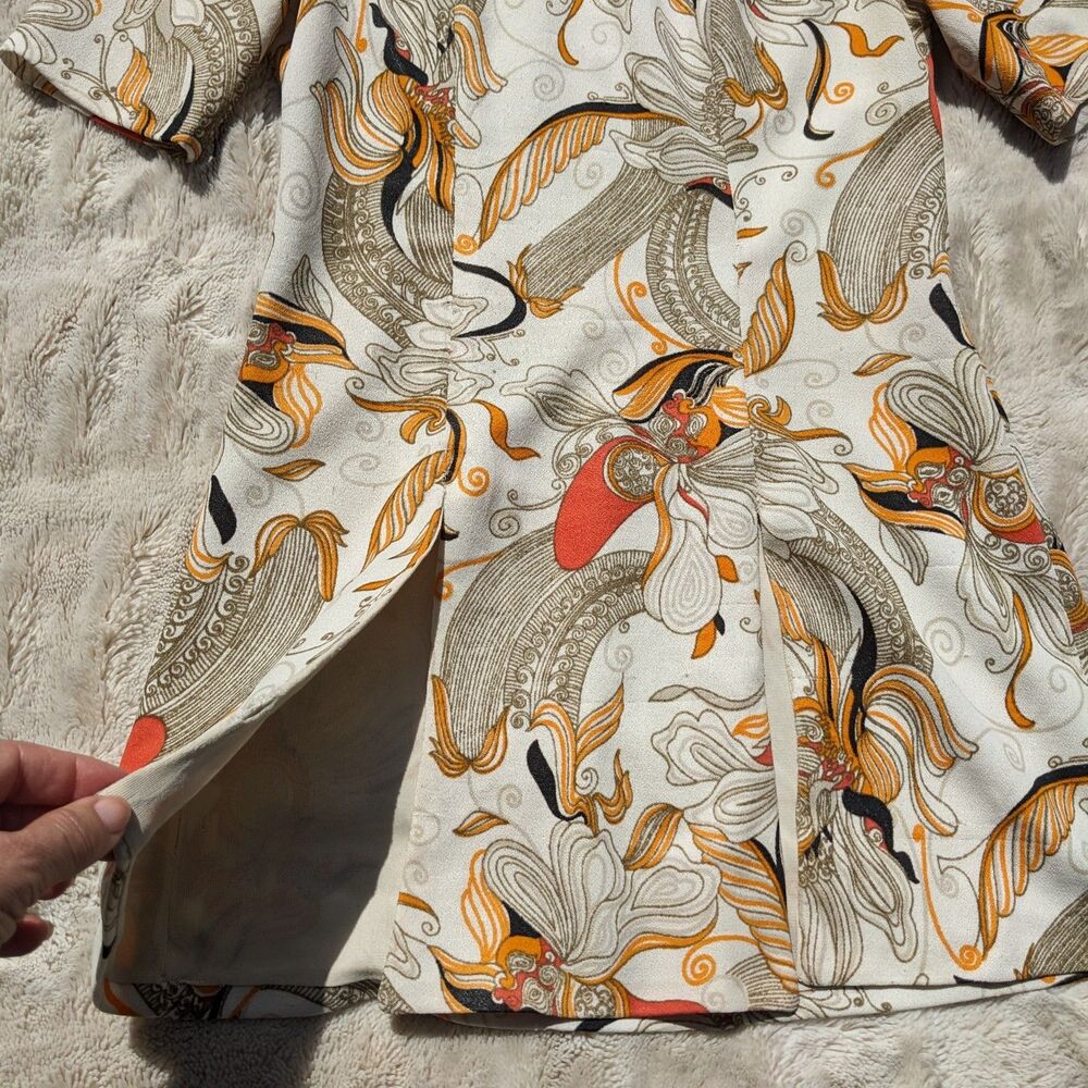 Vintage French 70s Psychedelic Floral Mock Turtleneck Front Slit Tunic Top Sz XS - Picture 3 of 12